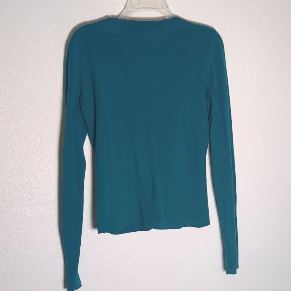 Tahari Womens Cardigan Sweater Teal Green Quiet Luxury Jewel Tone‎ Ribbon Medium